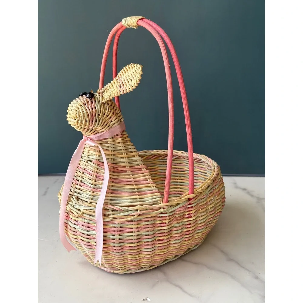 Vintage Pastel Wicker Bunny Easter Basket Pink Yellow Green Woven Rabbit Decor